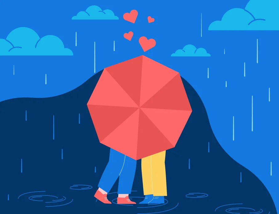 Colorful illustration of a couple outdoors enjoying a rainy day date idea.