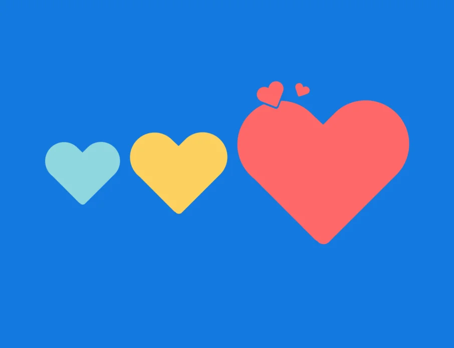 Illustration with blue background and 3 different colored love hearts.