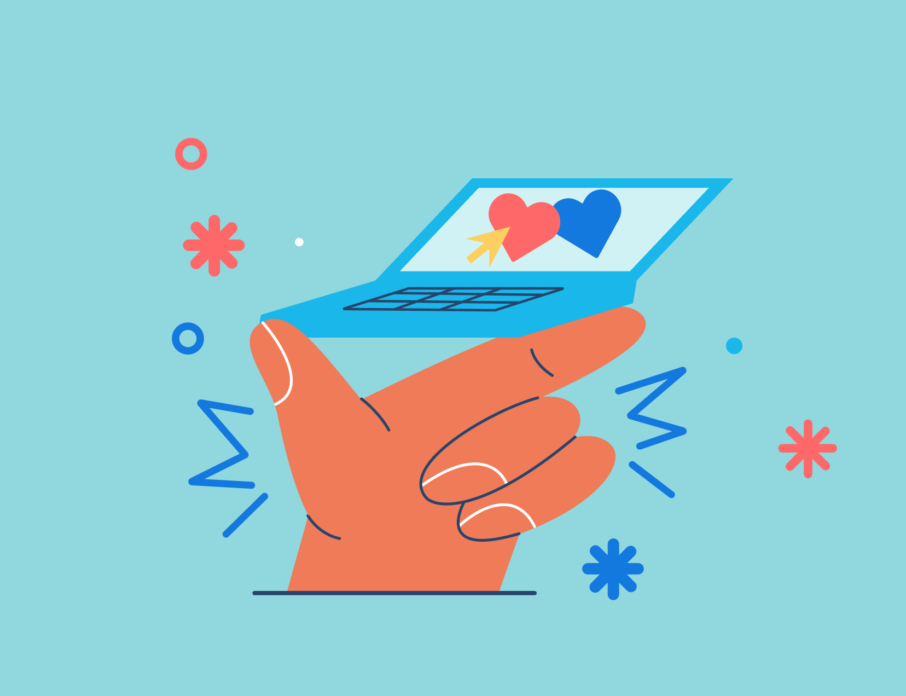 Illustration of a hand holding a laptop with a love heart for advertising opportunities with Zoosk.