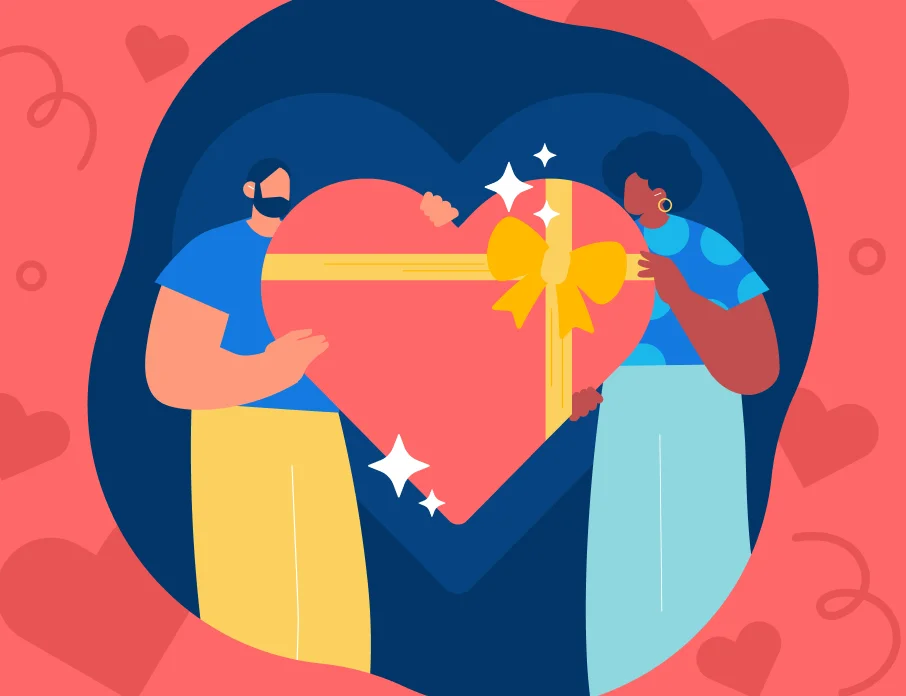 Colorful illustration showing a couple exchanging some Valentine's Day gift ideas.