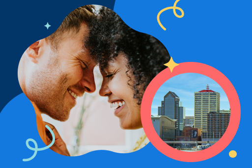 Illustration image representing Louisville dating with a happy, smiling couple laughing together and looking into each other's eyes.