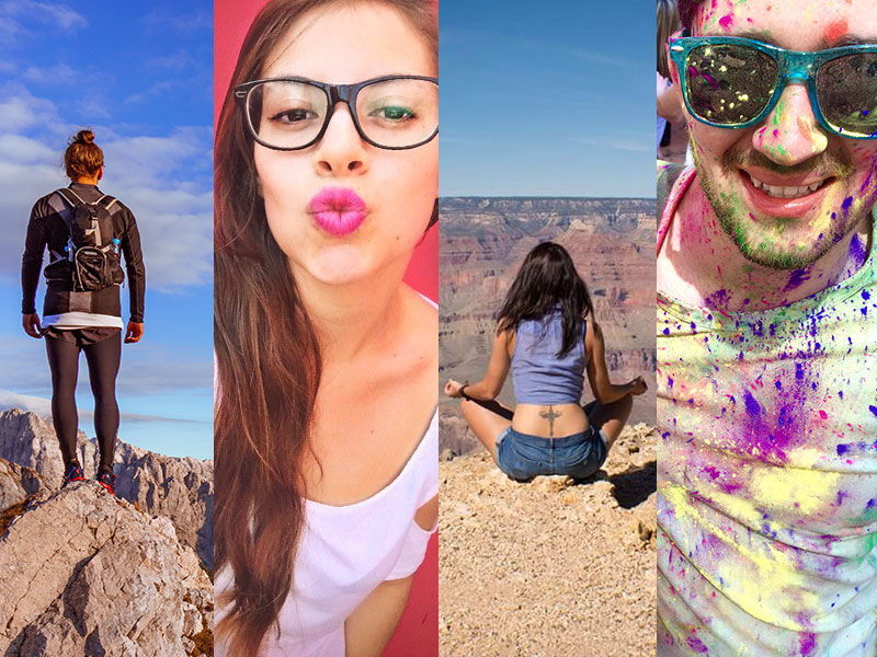 Four people who are online dating stereotypes. A guy on a mountain, girl making a kissy face, a girl doing a yoga pose, and a guy covered in paint.