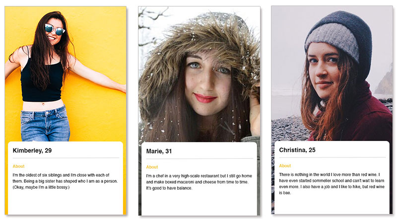 Three bumble profile examples for women in their 20s and 30s.