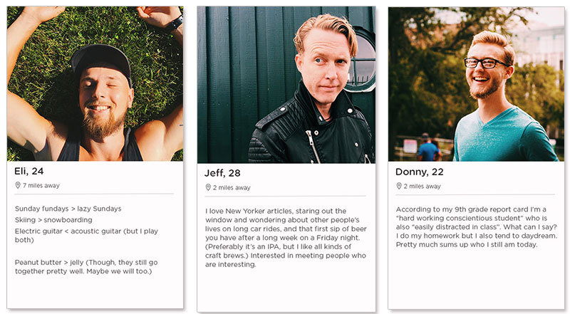Three Tinder dating profile examples for men in their 20s.