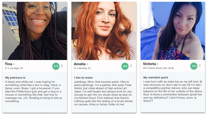 Three OkCupid profile examples for women that show how to write the prompts below.