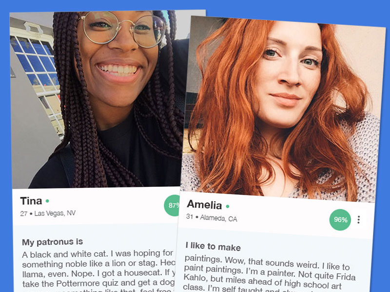 Two OkCupid profile examples for women.