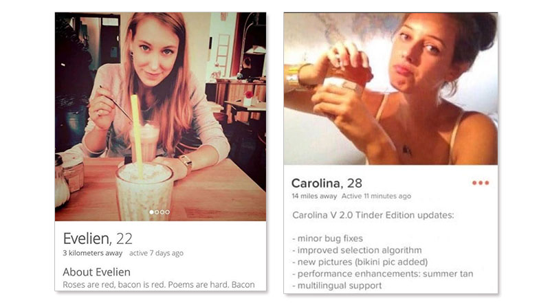 Two screenshots of women with funny Tinder bios.