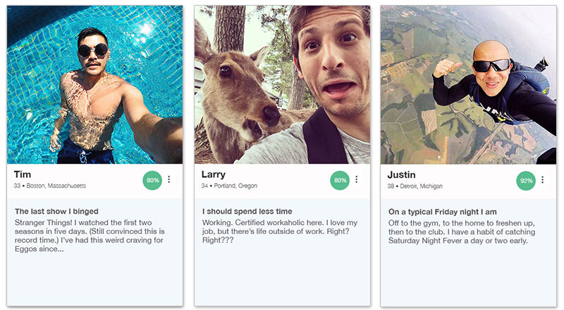 Three OkCupid profile examples with the descriptions below.