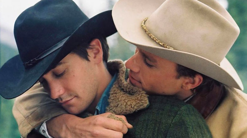 Jack and Ennis from Brokeback Mountain hugging before Jack's declaration of love.
