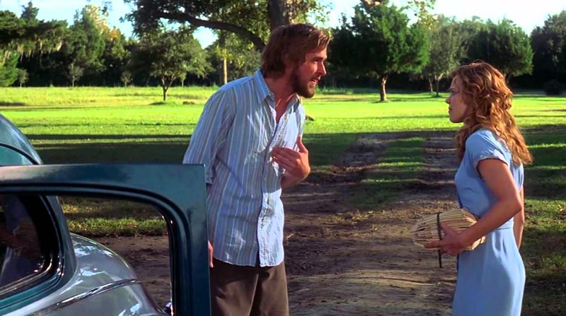 Noah giving one of his declarations of love speeches by the car in the Notebook.