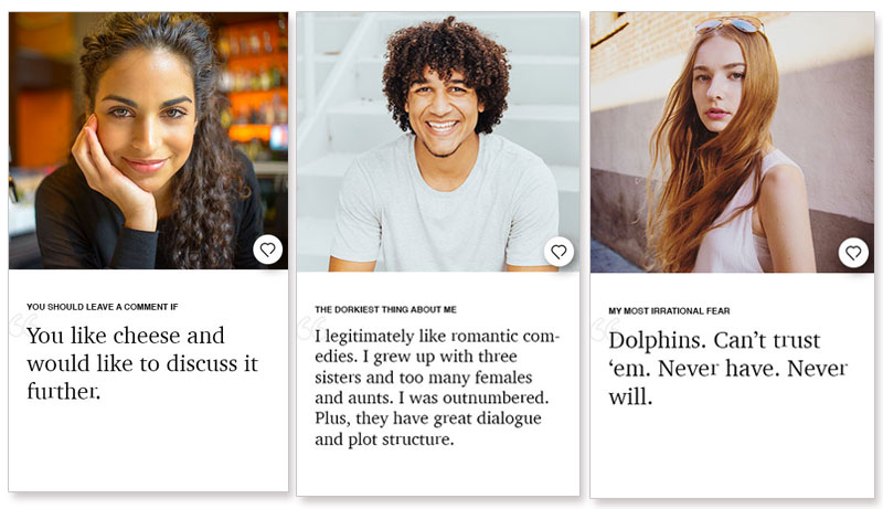 Three dating profile examples from the dating app Hinge.