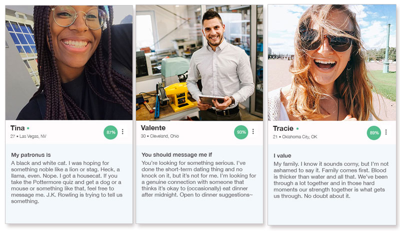 Three dating profile examples from the OkCupid app.