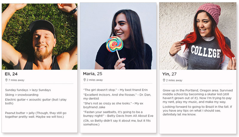 Three dating profile examples from the dating app Tinder.
