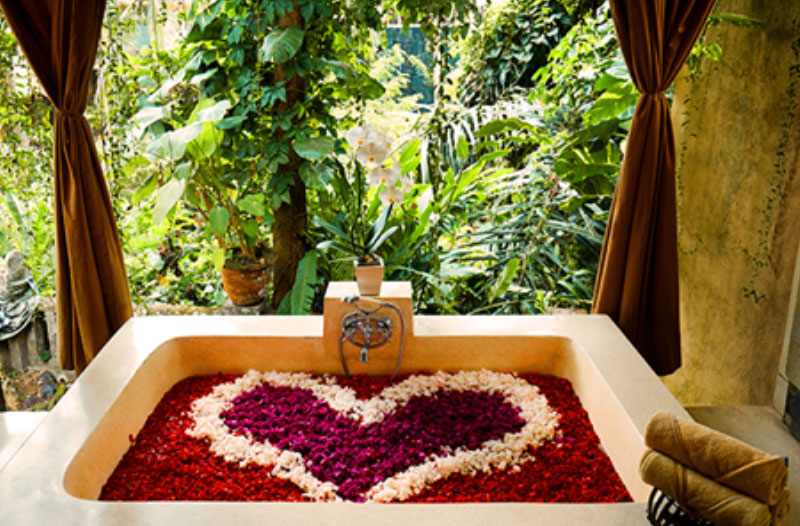 A spa winter date, complete with a bathtub filled with petals.