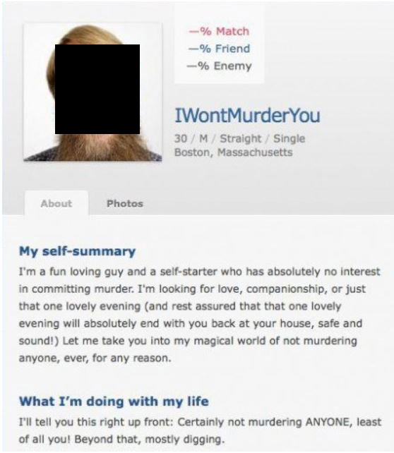 A screenshot of a funny dating profile about murder.