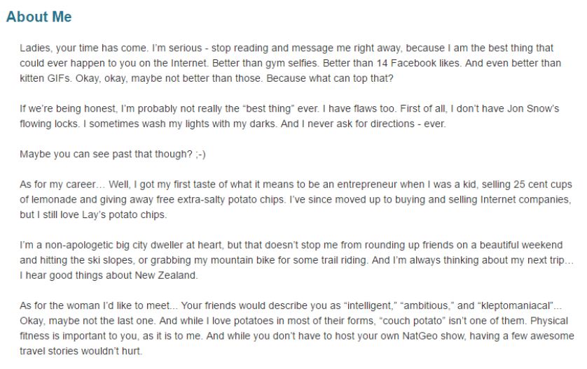 A funny dating profile with the copy below.