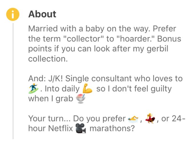 A screenshot of the funny dating profile with the description below and emojis.