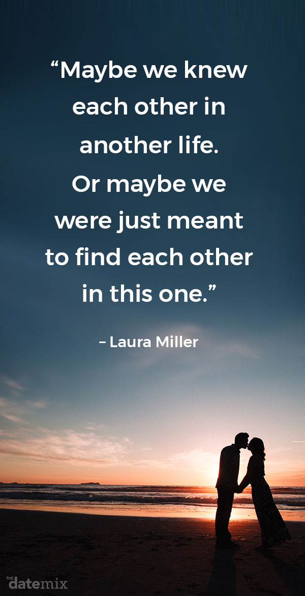 A couple kissing in front of a sunset on a beach with the true love quote below written in the sky above them.