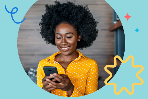 Happy, smiling woman using mobile phone for online dating in Cleveland.