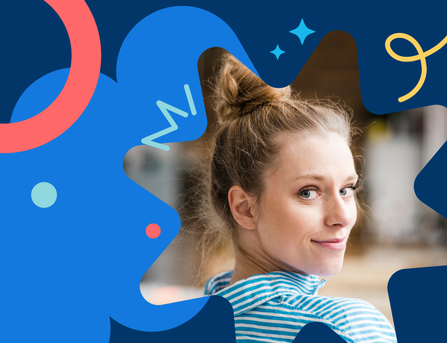 Zoosk colorful illustration with a smiling young woman looking towards the camera to represent the question of is she the one.